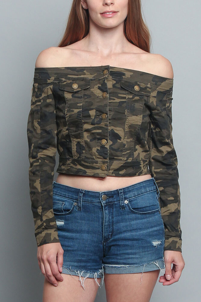 American Bazi Women’s Casual Colored Camo Off the Shoulder Classic Shirt RJK2055