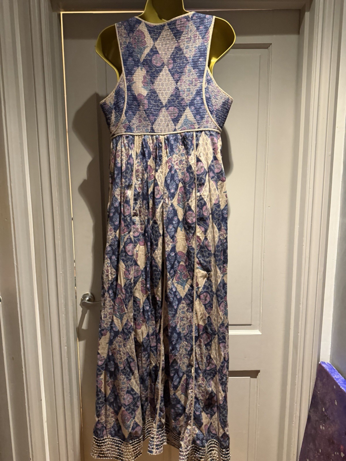 Vintage Indian 70s Afghan style boho quilted hippy dress M cotton harlequin maxi