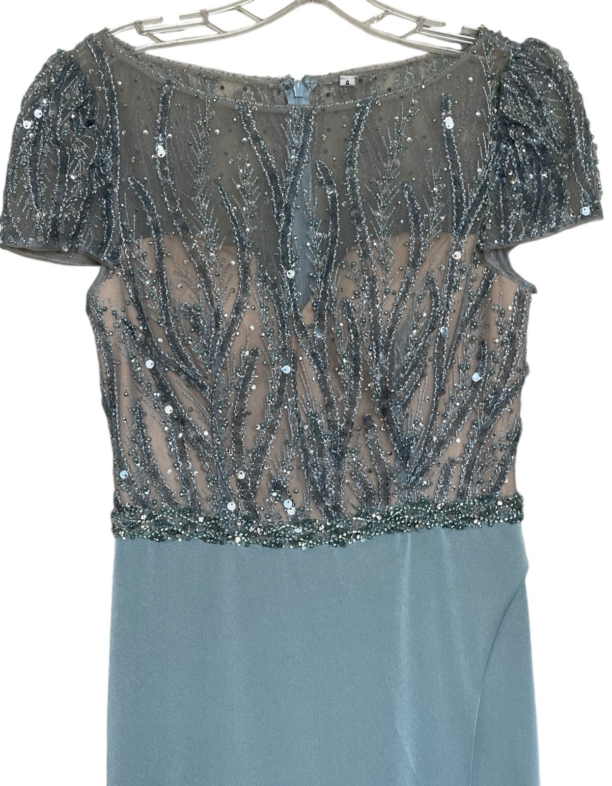 Mac Duggal Gown Dress Size 2 Embellished Beaded Cap Sleeves Sea Mist 79298