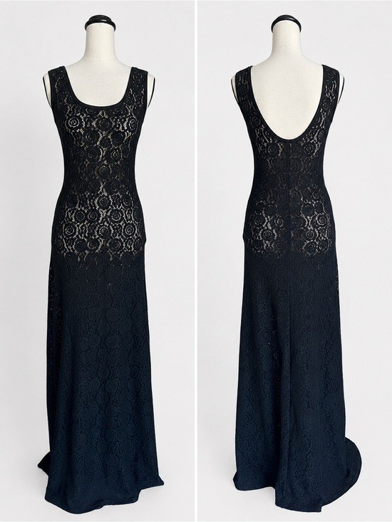 Fuzzi Black Sheer Floral Lace Mesh Maxi Dress XL Italy Made Stretch Whimsigoth