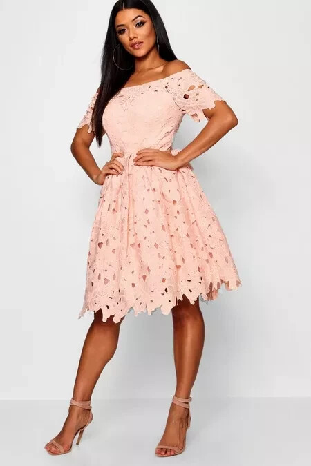 BOOHOO Botique Off Shoulder Lace Blush Skater Dress Size 14 NWT