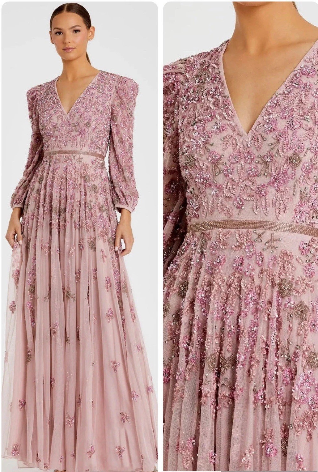 Mac Duggal 5497 Embellished Maxi Gown Size 4 Pink V-Neck Long Sleeve A-Line NWT