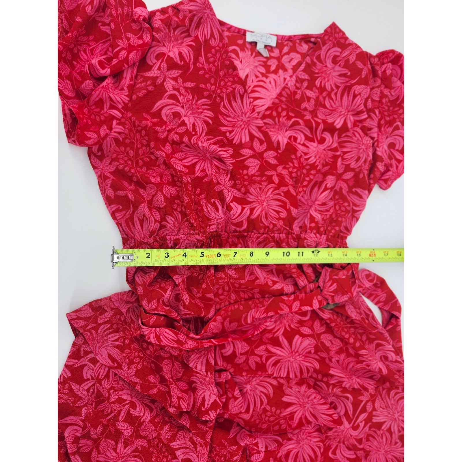 Sofia Jeans by Sofia Vergara Red Pink Floral Wrap Midi Dress Tiered Ruffle M