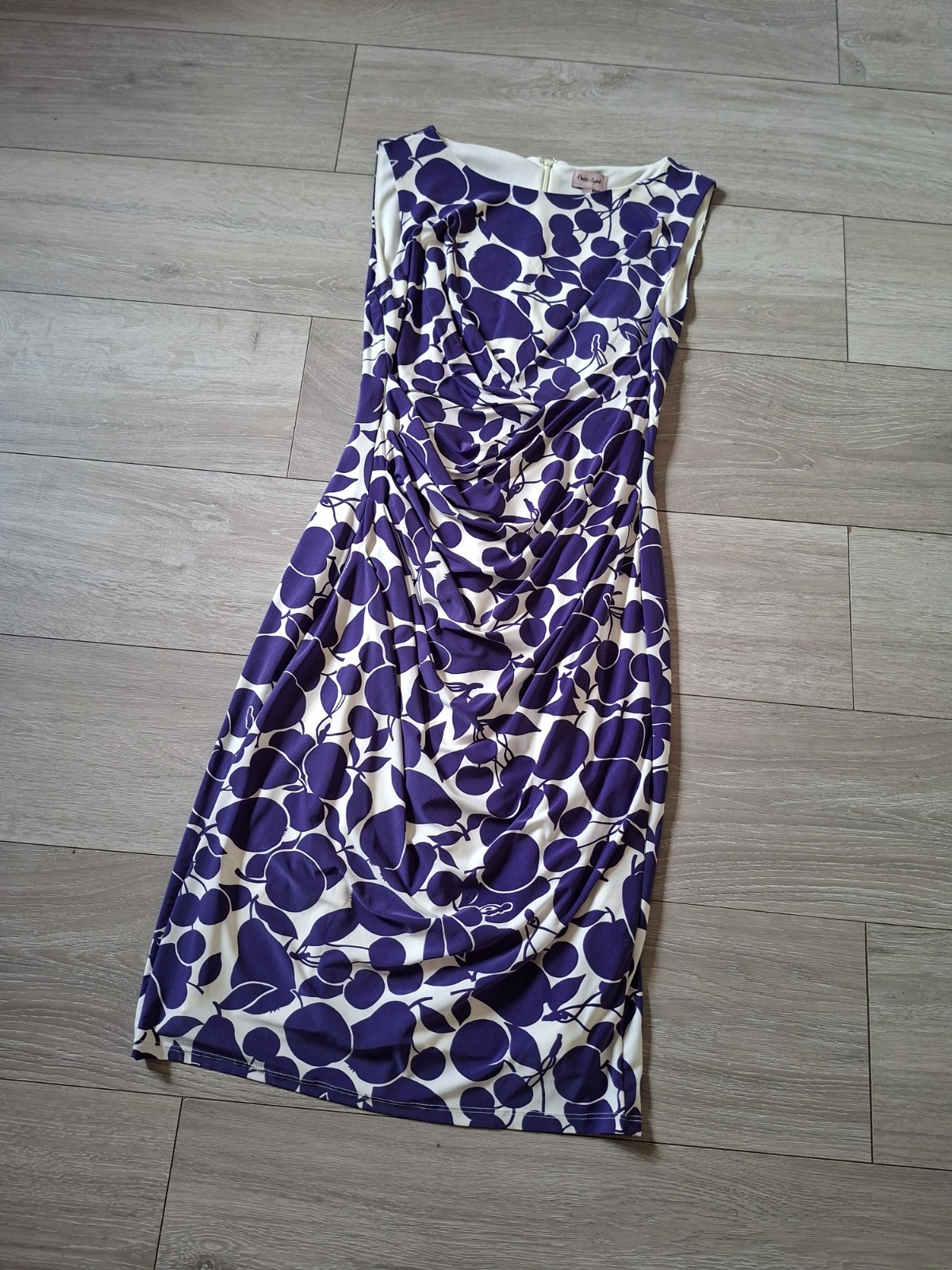 Phase Eight White & Purple Fruit Print Bodycon Dress Shift Ruched Wiggle UK14