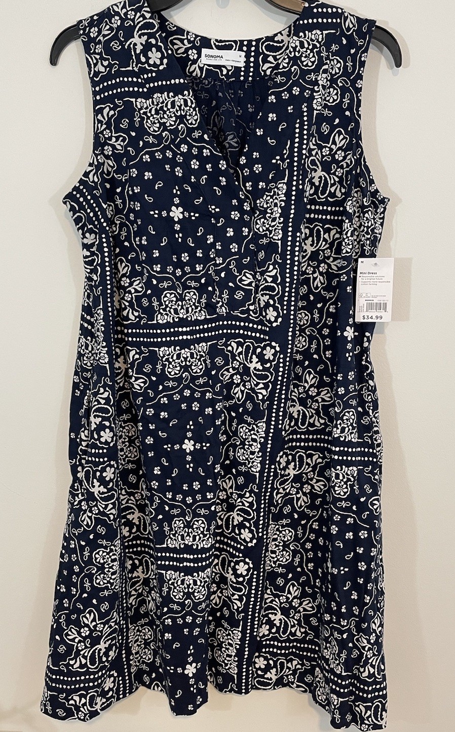 NEW Sonoma Mini Sun Dress womens medium Navy Blue floral vneck pockets