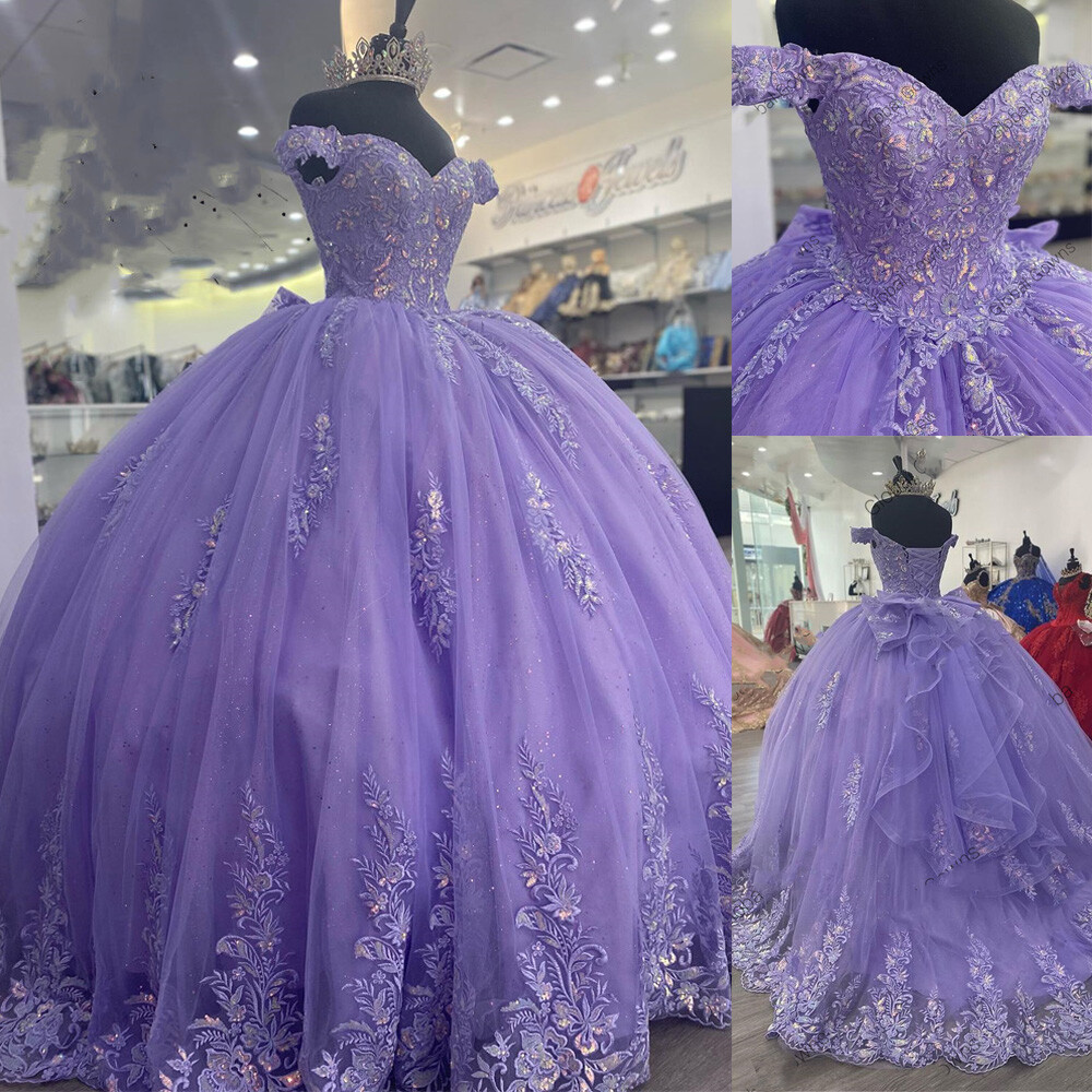 Purple Off Shoulder Lace Sweetheart Quinceanera Ball Gown Sweet 16 Dress