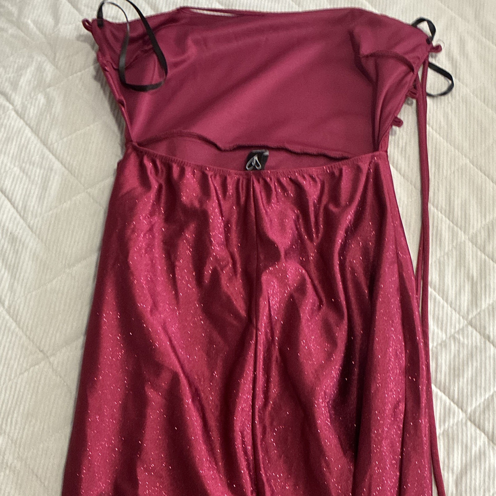 Burgundy Glitter Satin Cowl Neck Strappy Long Gown Side Slit Lined S
