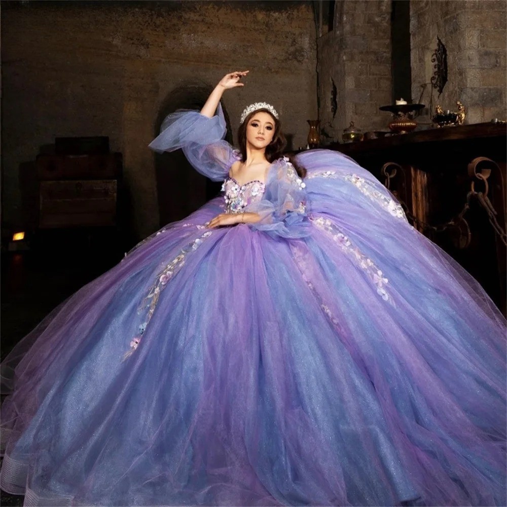 Purple Off Shoulder Quinceanera Dress with Lace Decals and Beaded Party Attire