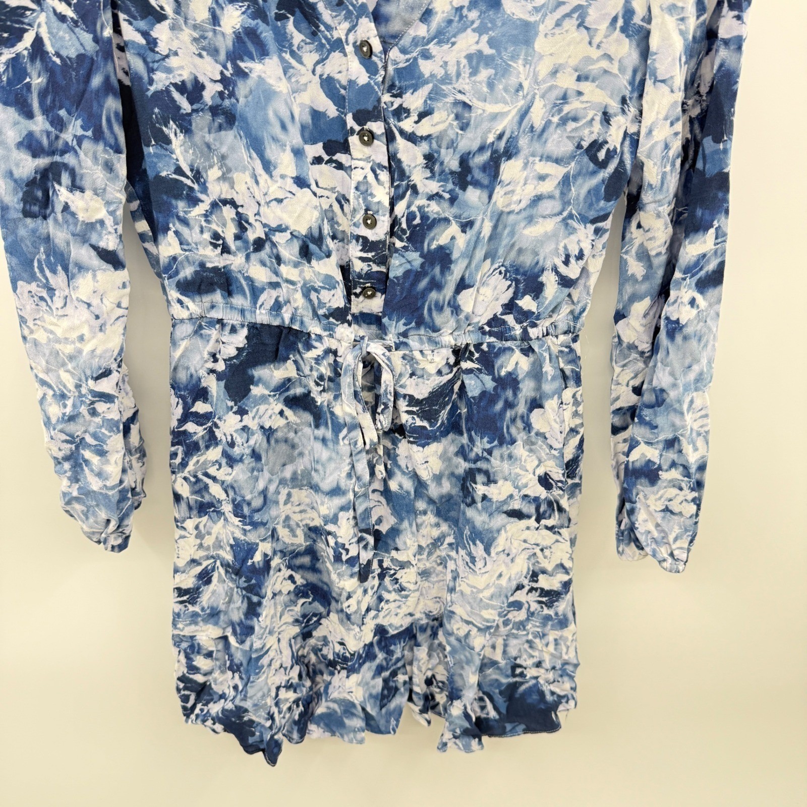 Madewell Blue White Floral Print V Neck Button Tie Waist Mini Dress Size 00