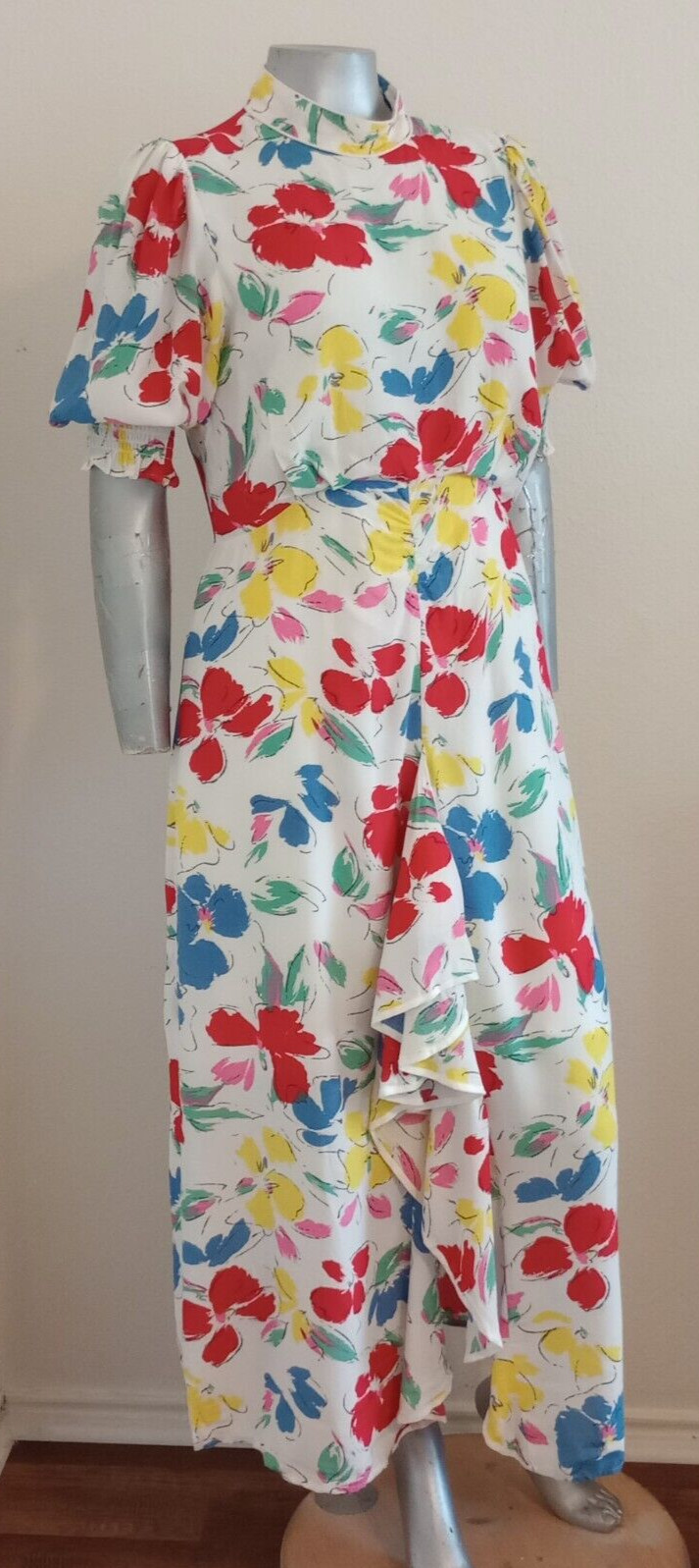 NWT WOMAN RIXO MAXI CASCADE RUFFLE DRESS Size 14 Mock Neck Puff Short Sleeve