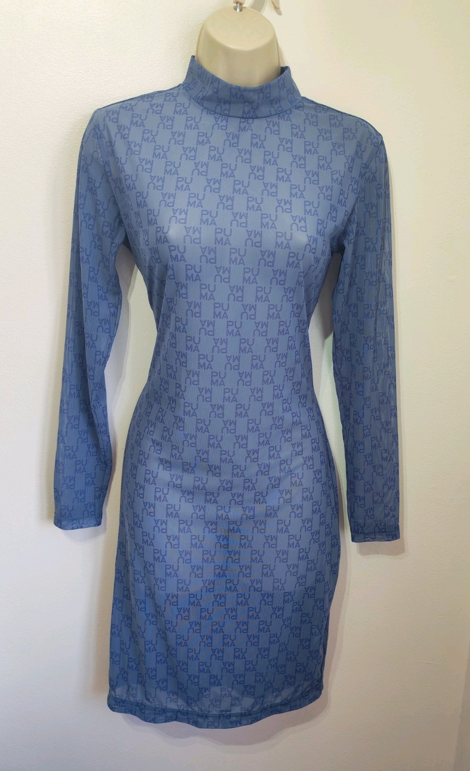 Puma Blue Logo Print Sheer Mesh Bodycon Dress S 8 10 long sleeve monogram