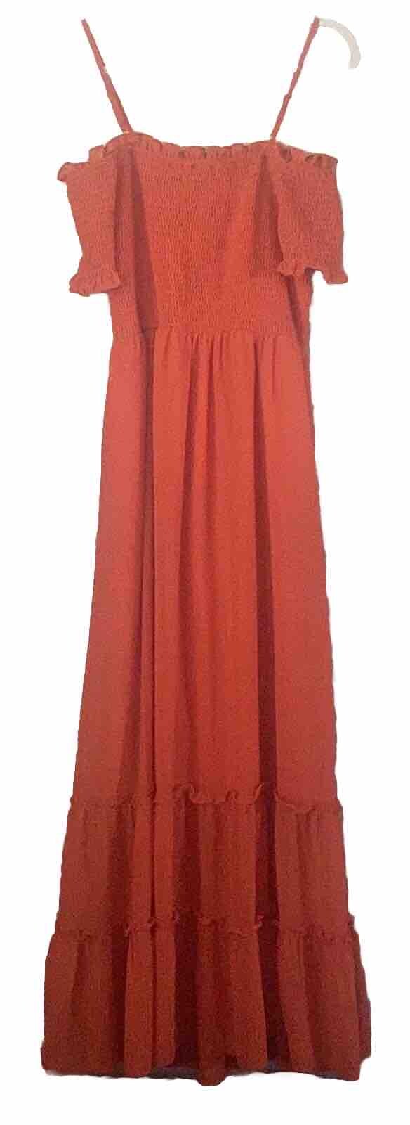 She + Sky Coral Red Off-the-Shoulder L Midi Dress Spaghetti Straps Summer Dress