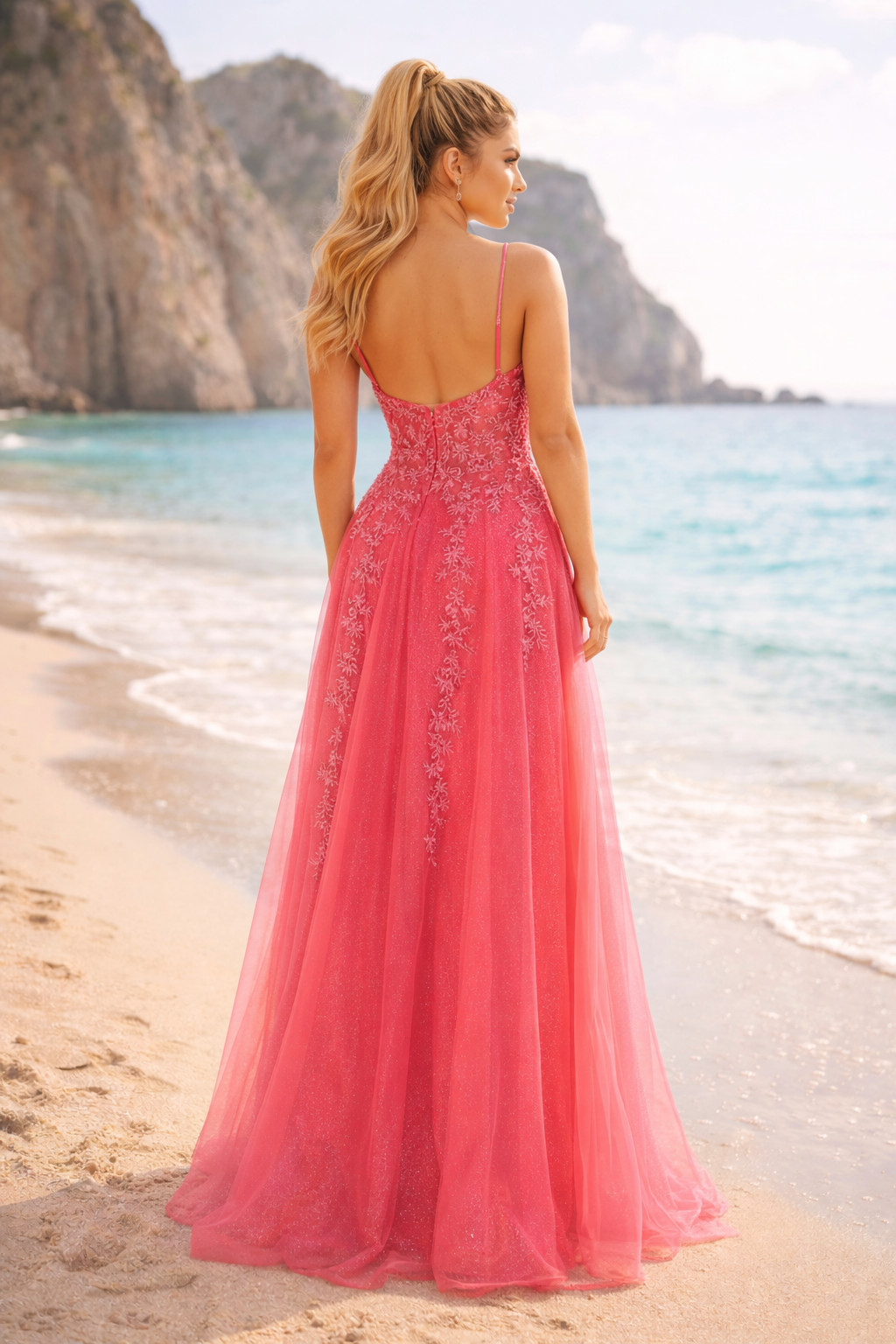 Long Pink Tulle Lace V Neck Side Slit A Line Prom Dress Size 0