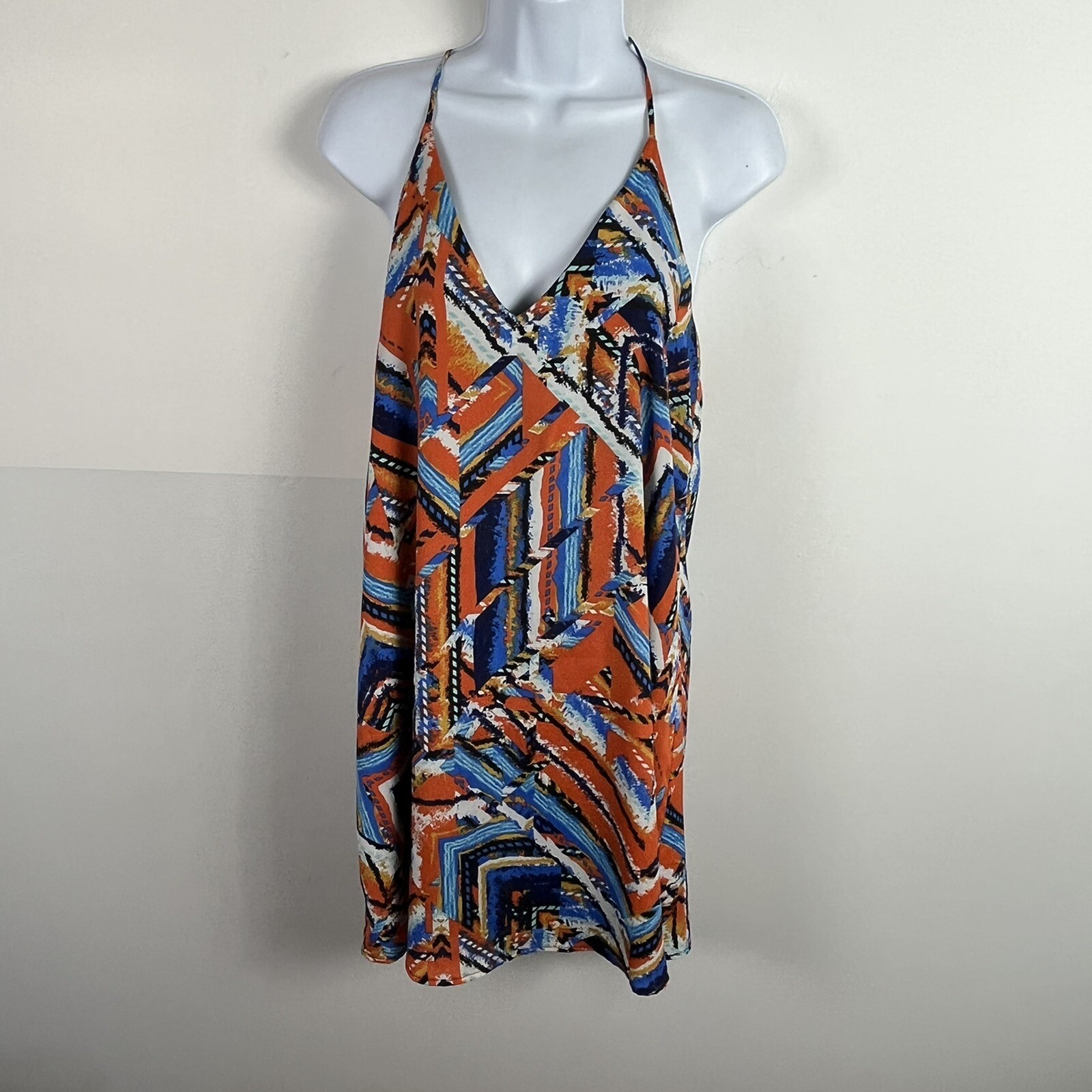 Three Eighty Two Sun Dress Sz S Orange Blue White Geometric V Neck Boho Festival
