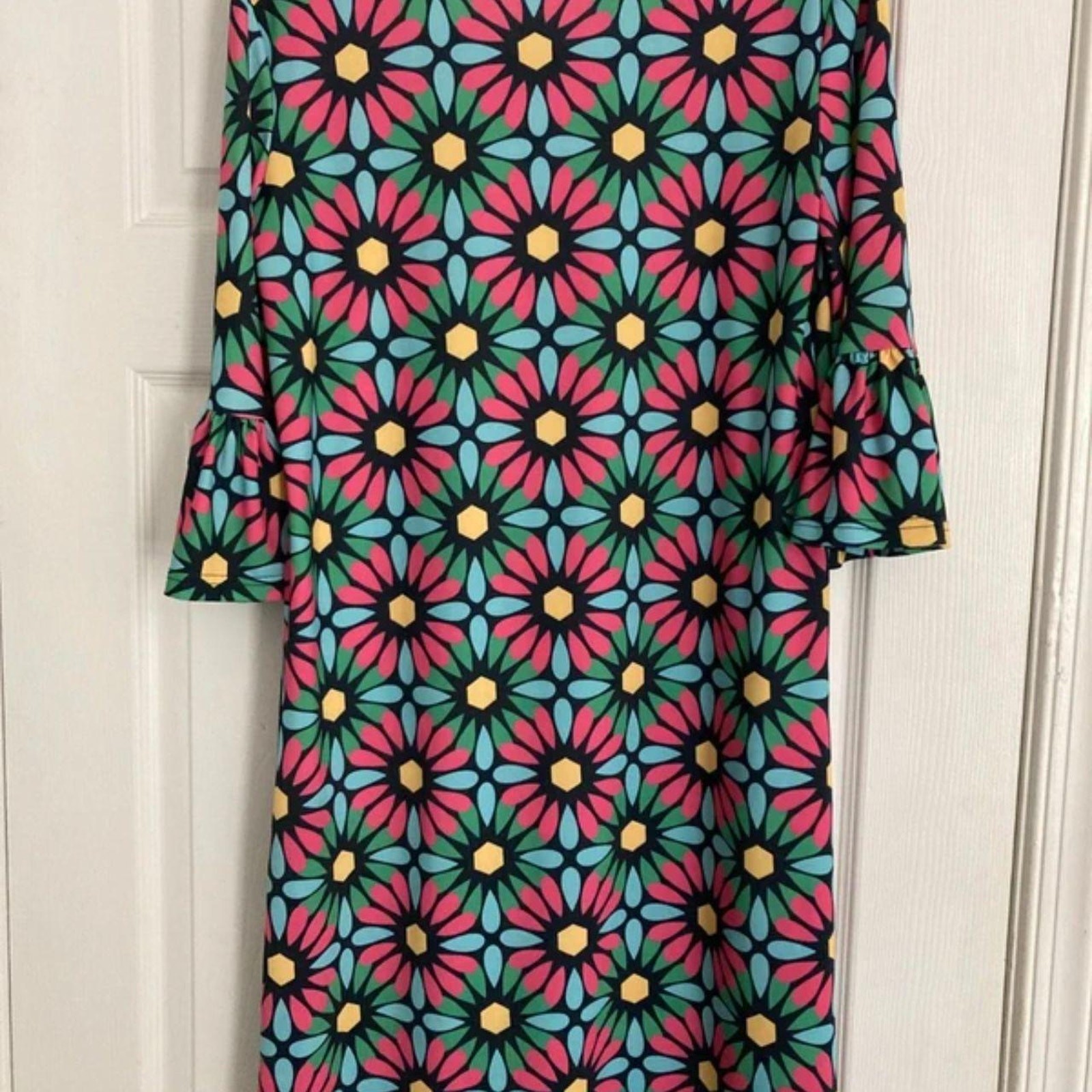 Vera Fishbaugh – Hippy/Boho Bright Floral Pencil Dress Flare Sleeves – M