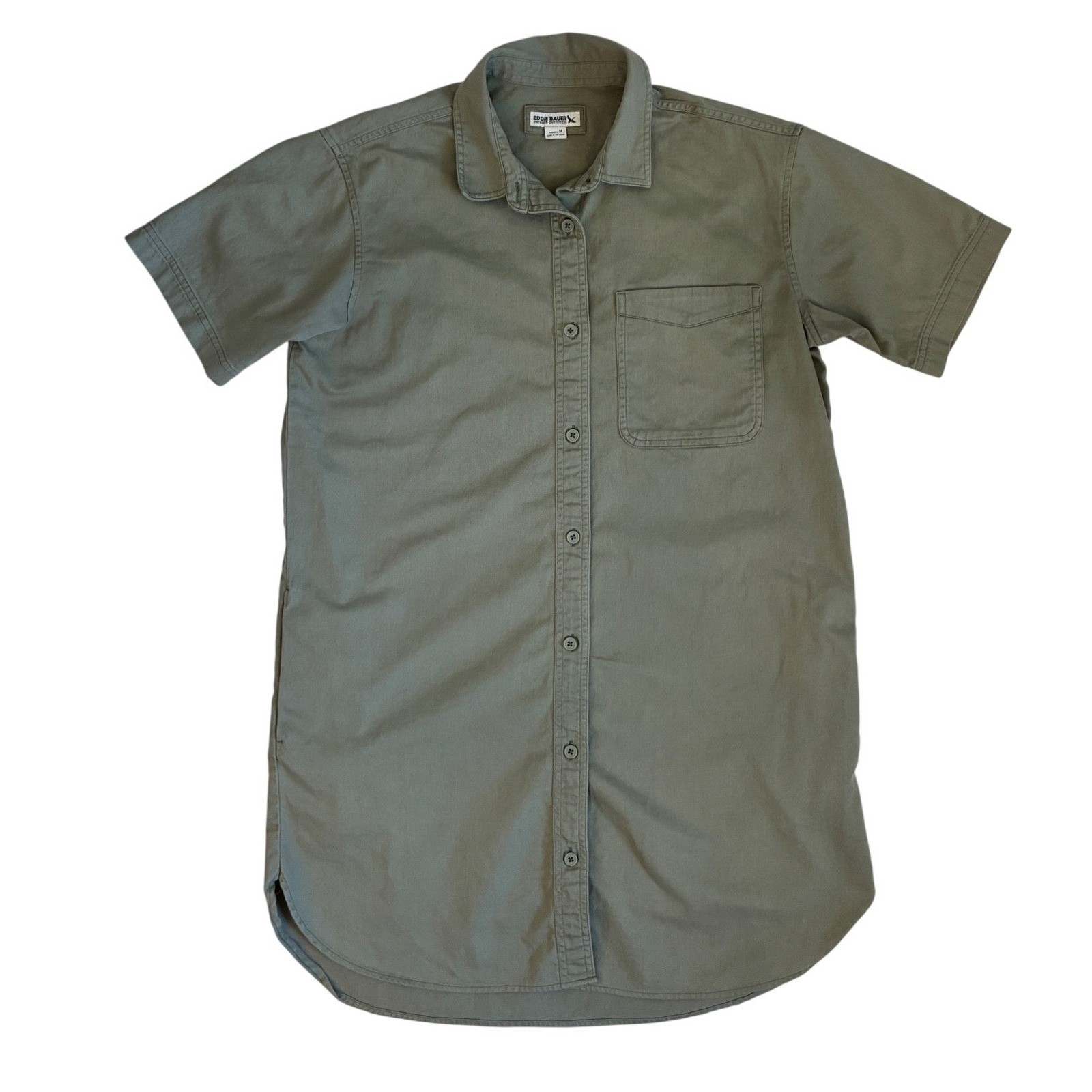 Eddie Bauer Womens Olive Green Cotton Utility Short Sleeve Shirt Dress Medium