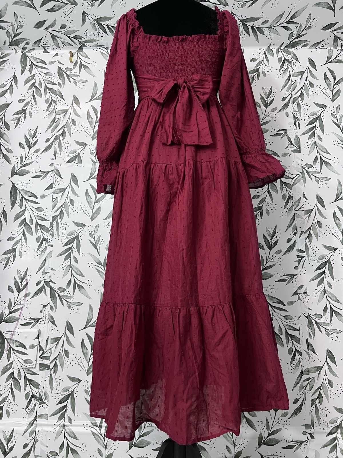 R. Vivimos Plaid Puff Sleeves Bow Boho Midi Dress Sz M Burgundy Vacation Casual