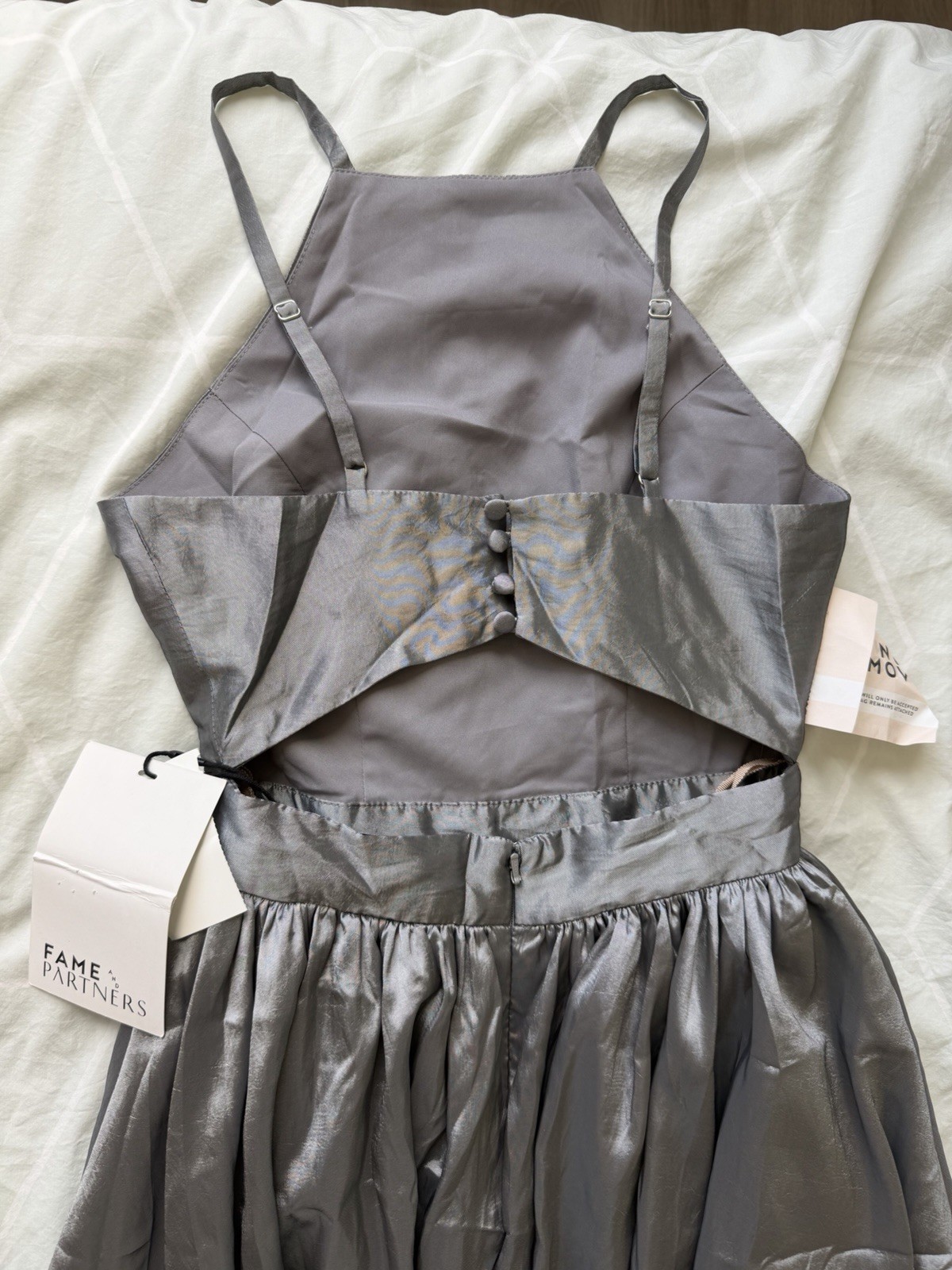 NWT Fame and Partners Silver High Neck Open Back Maxi Dress US 2