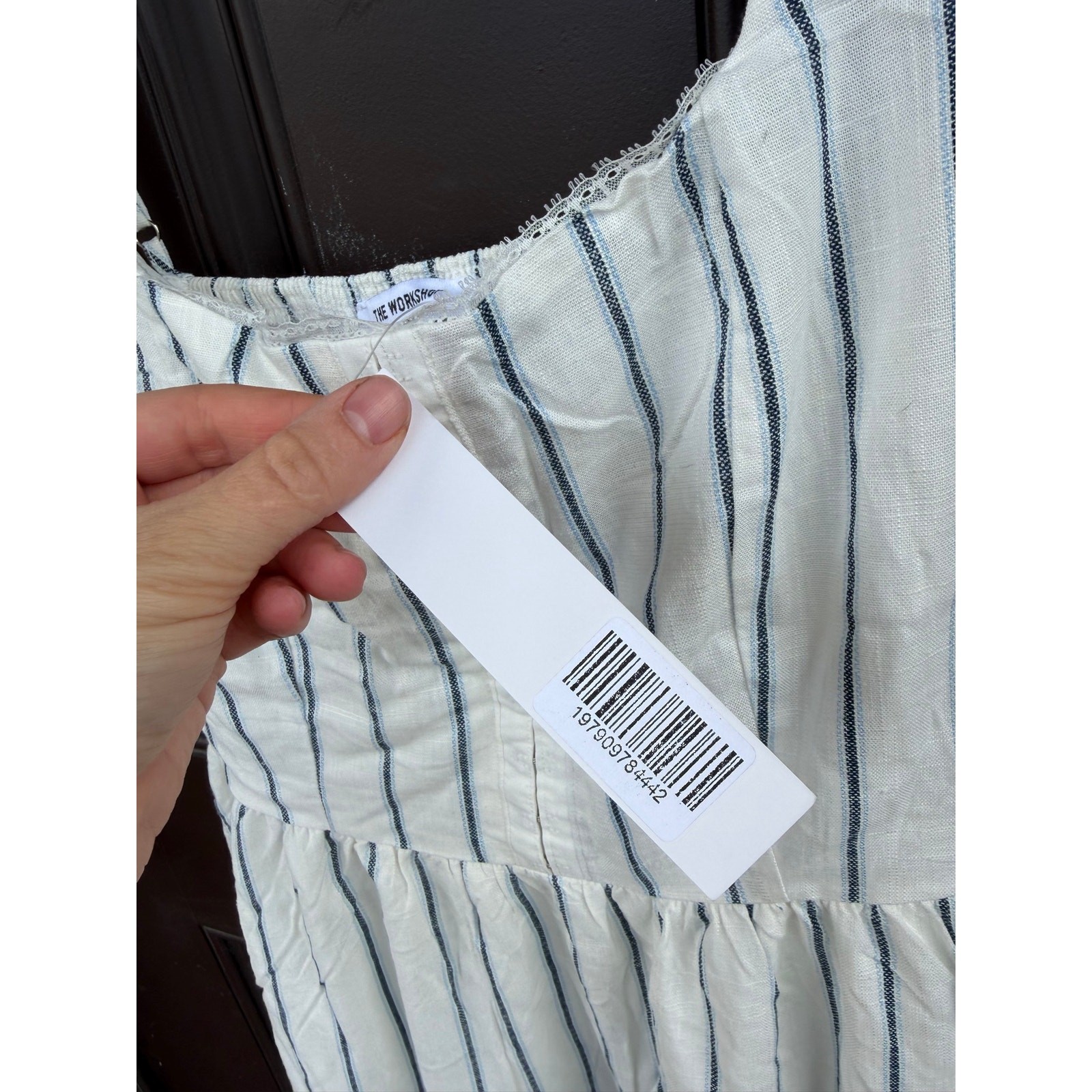 The Workshop Ella Stripe Midi Dress Front Hook Linen Blend Medium M NWT