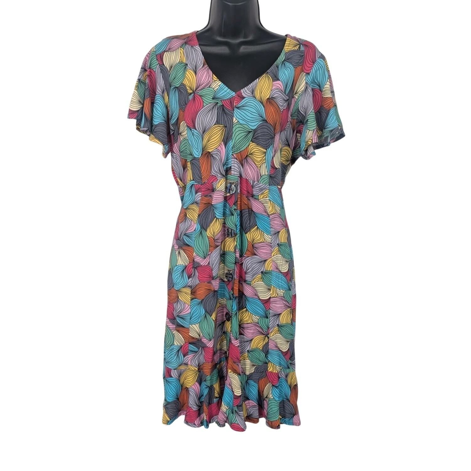 Abstract Leaf Print Dress Button Front Boho Retro Artsy Bohemian Colorful Small