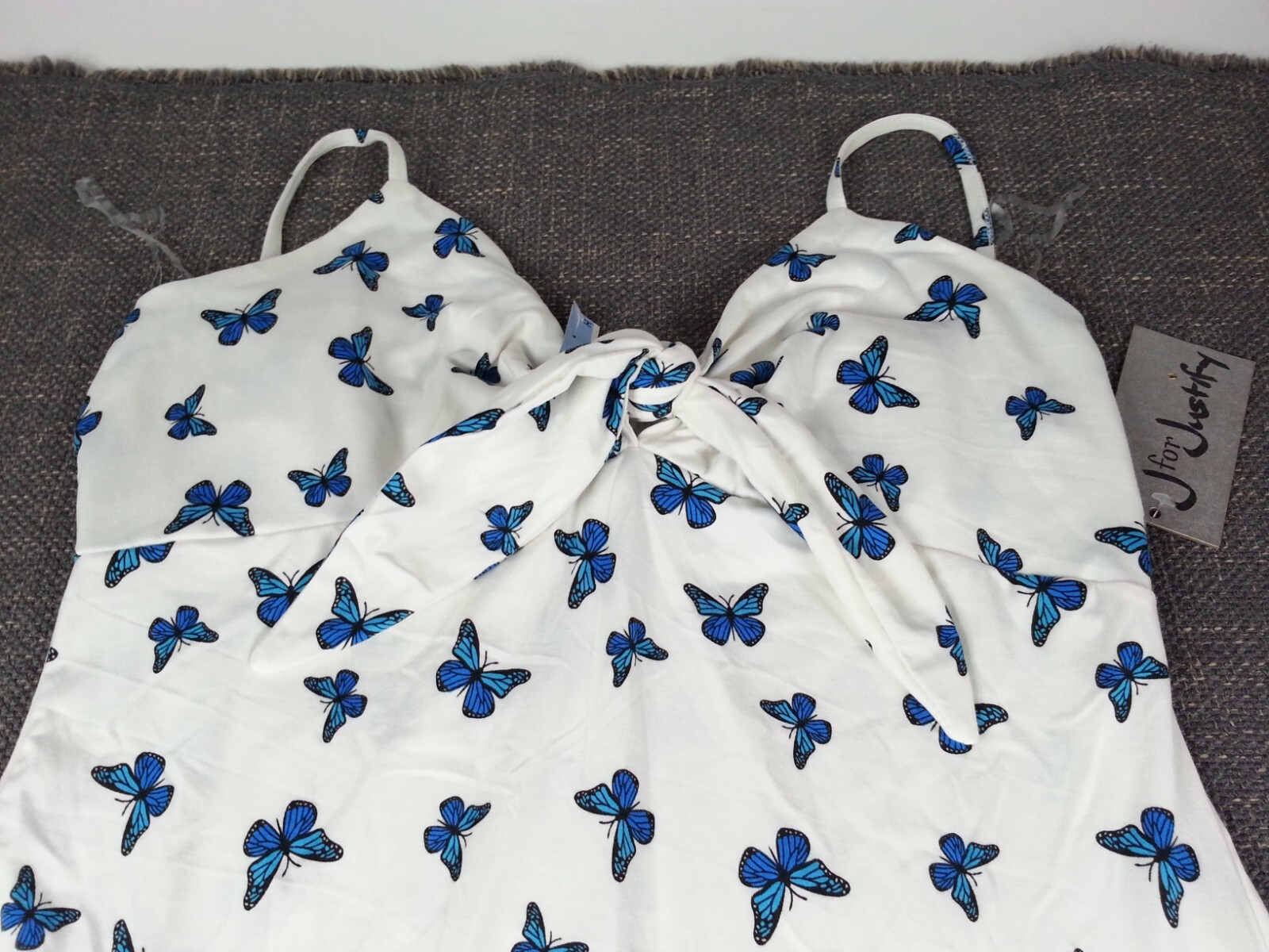 NEW NWT J For Justify Strappy Blue Morph Butterfly Pattern Dress Size XL