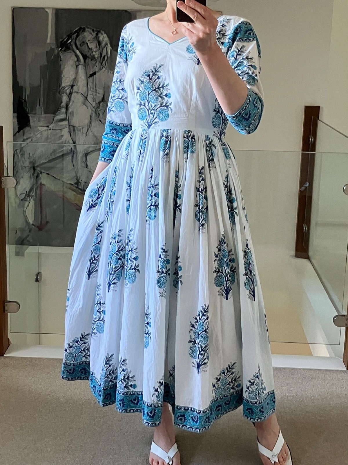 Vintage Cotton Floral Midi Dress White/Blue Pockets Cottage Prairie approx 10/12