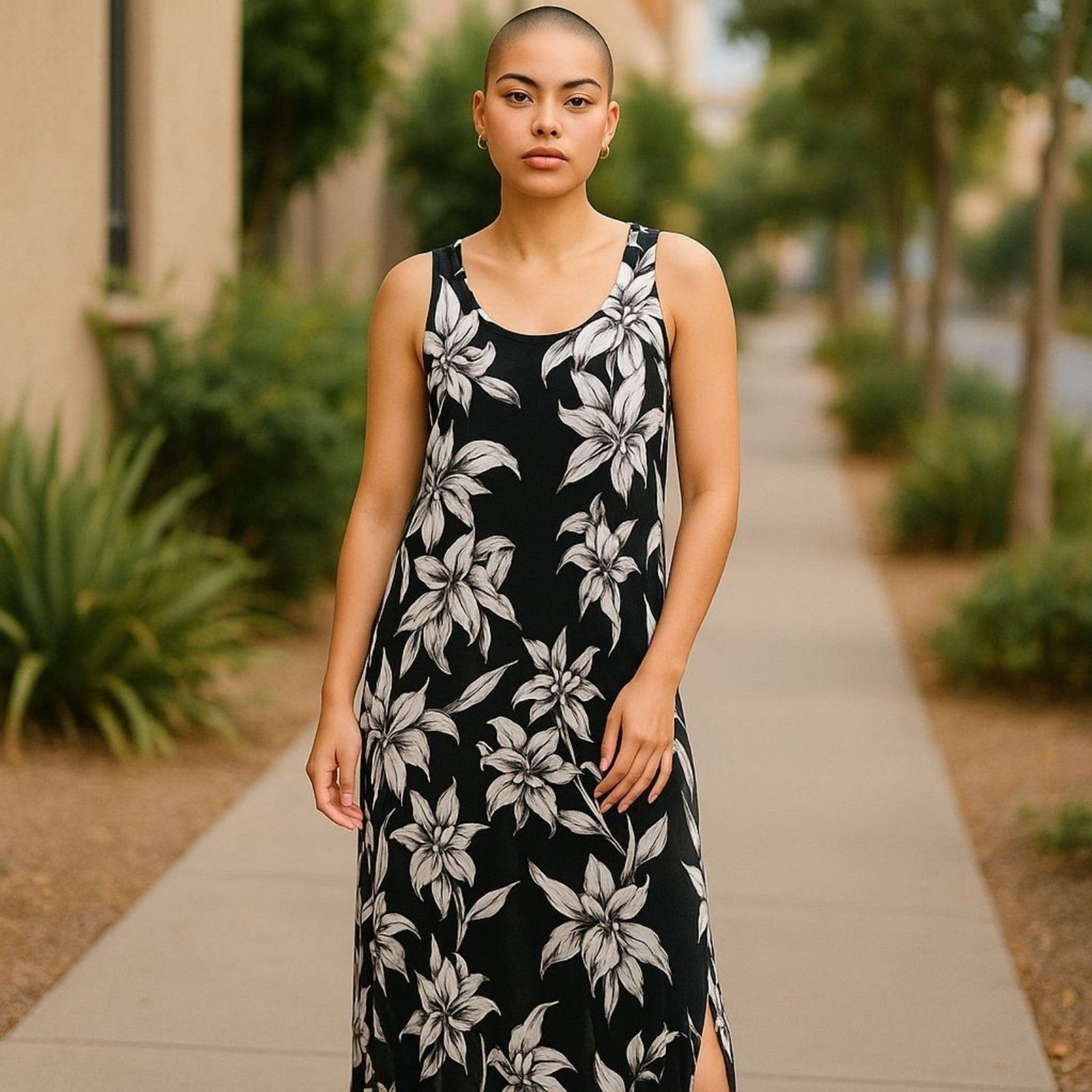 Lily Morgan Sundress High-Low Size Large Black and White Orchid Flowers Tropics