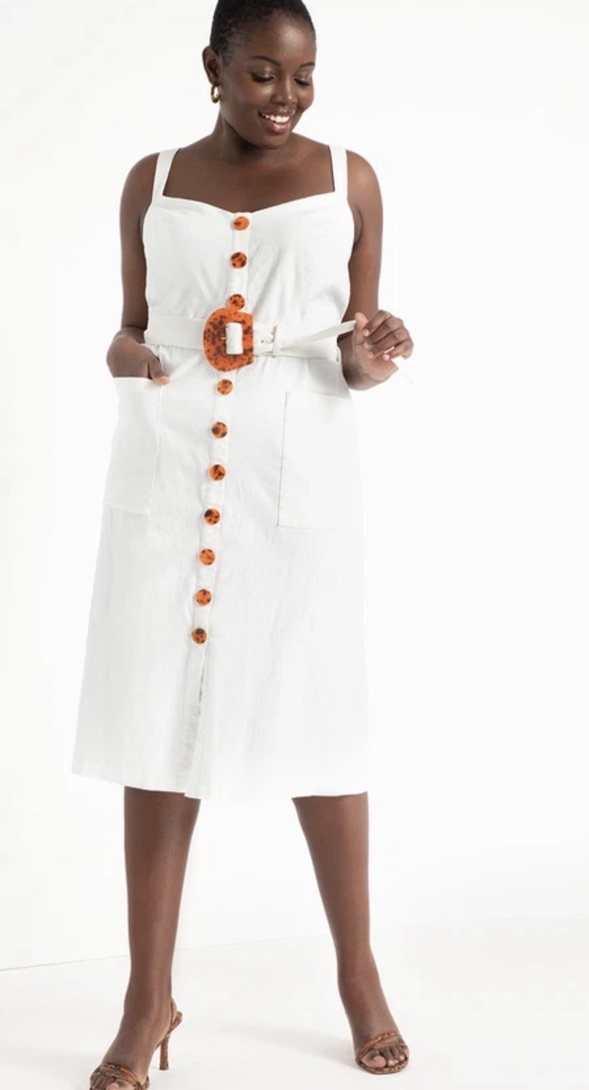 NWT Eloquii White Button Front Midi Dress Belted Tortoise Buckle Pockets Size 18