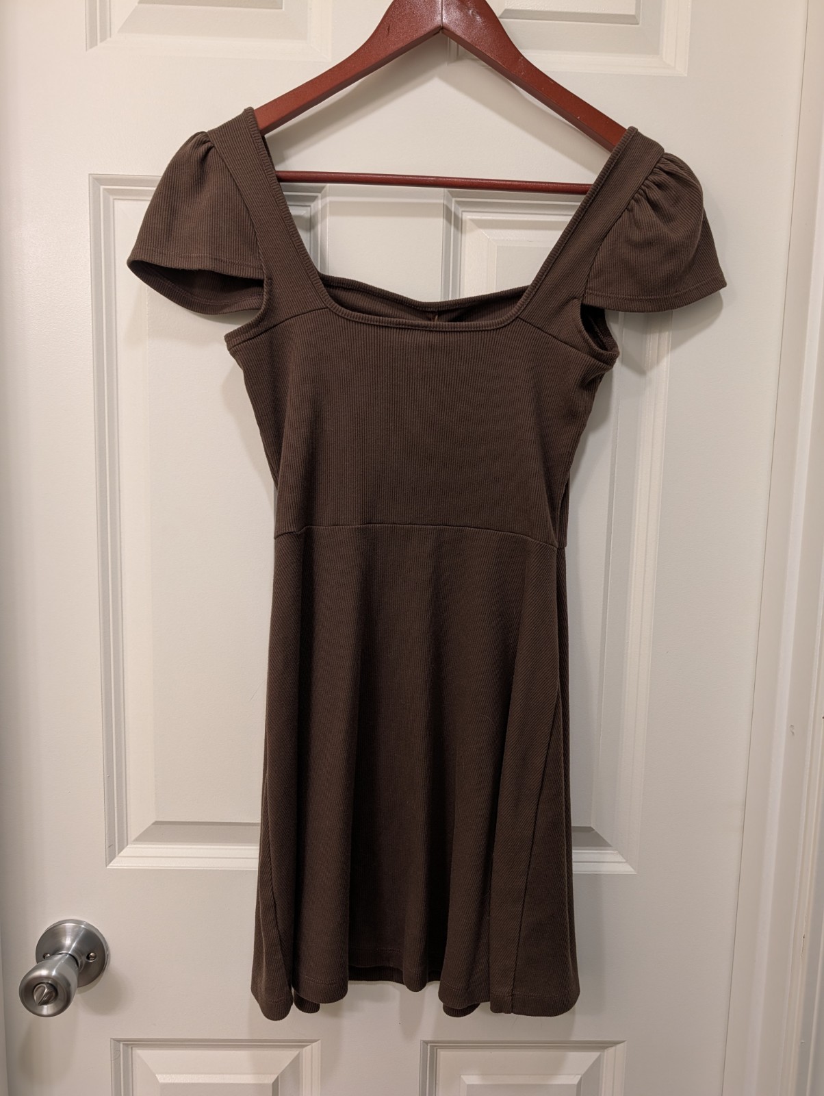 Wild Fable Women’s XS Brown Ribbed Knit Square Neck Puff Sleeve Fit & Flare