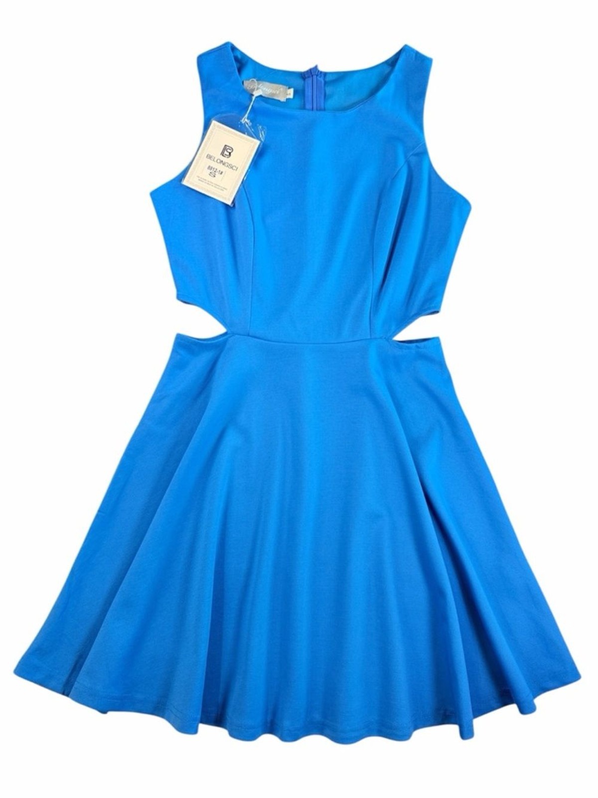 NWT BELONGSCI Bright Blue Sleeveless Cutout Skater Dress Flare Mini Dress S