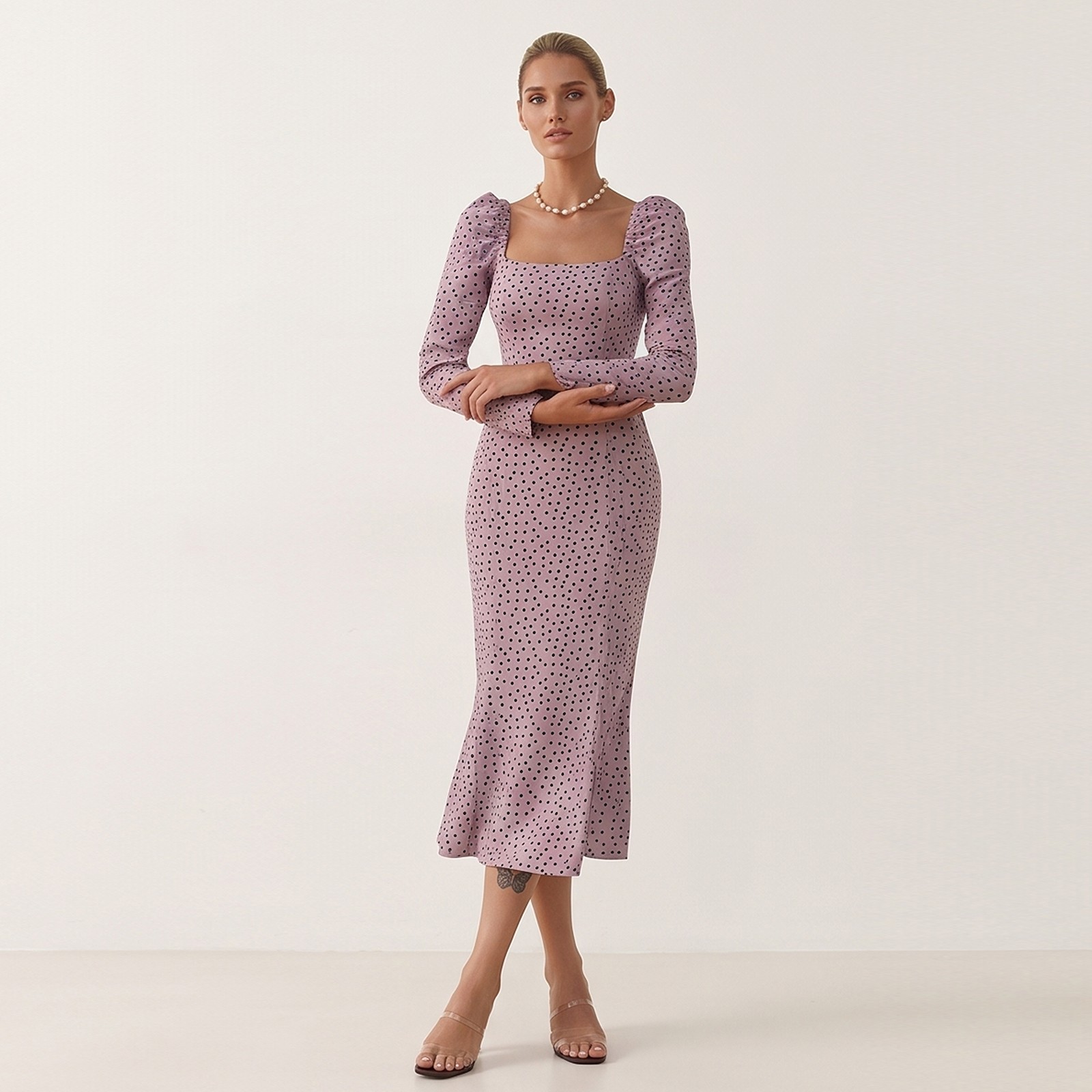 Pink Celestra Polka Dot Midi Dress by FemeAdor – Size (XS) – Made in Ukraine