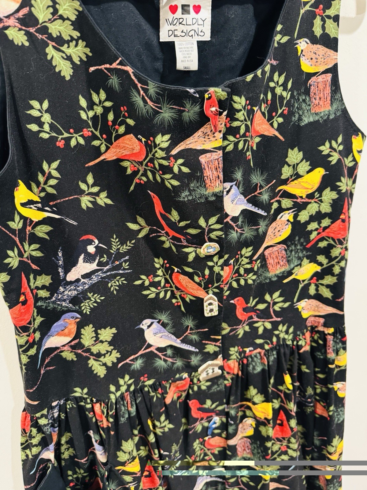 Worldly Designs Bird Print Cotton Midi Dress Small Made USA Hand Painted Buttons
