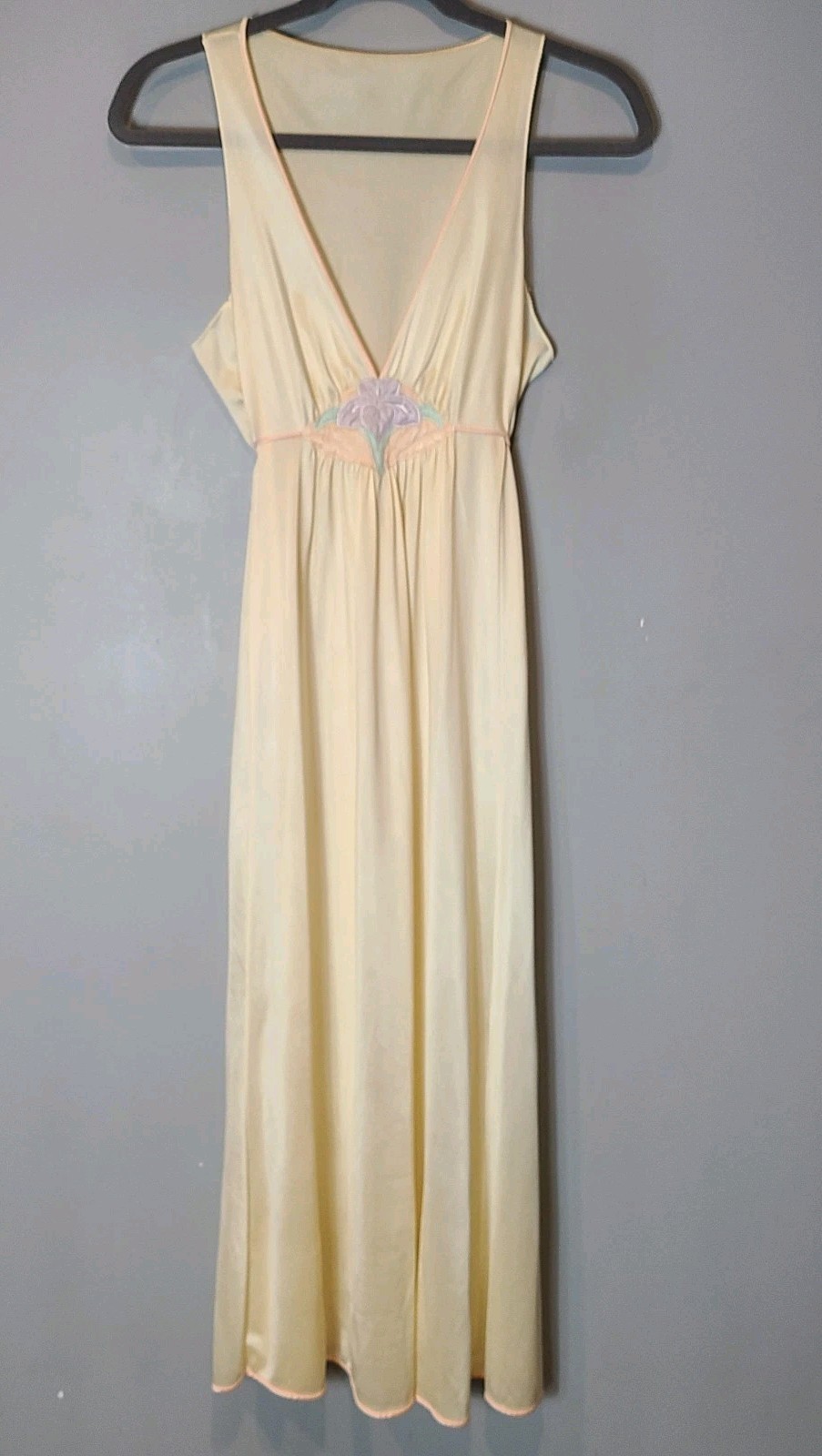 Vtg 70s Maxi Slip Dress Forest Fairy Dainty Flower Satin Sz L Y2K Butter Yellow
