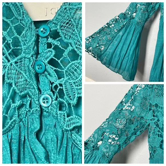 J GEE Boho Green Blue Teal Blue Floral Lace Gauze Bell Sleeves