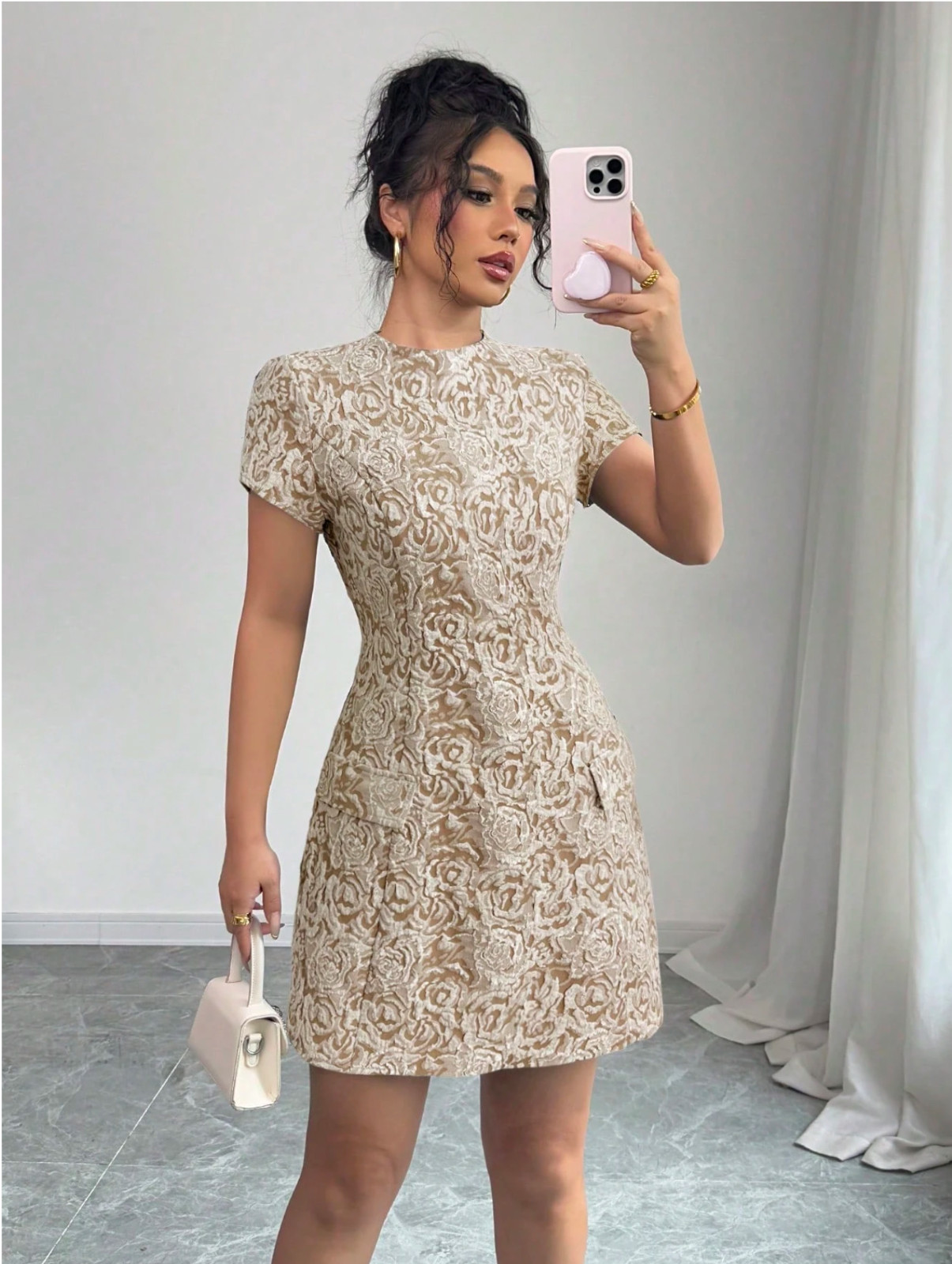 Elenzga Elegant French Jacquard Fabric Flap Decor Women Short Dress Sz S M L XL