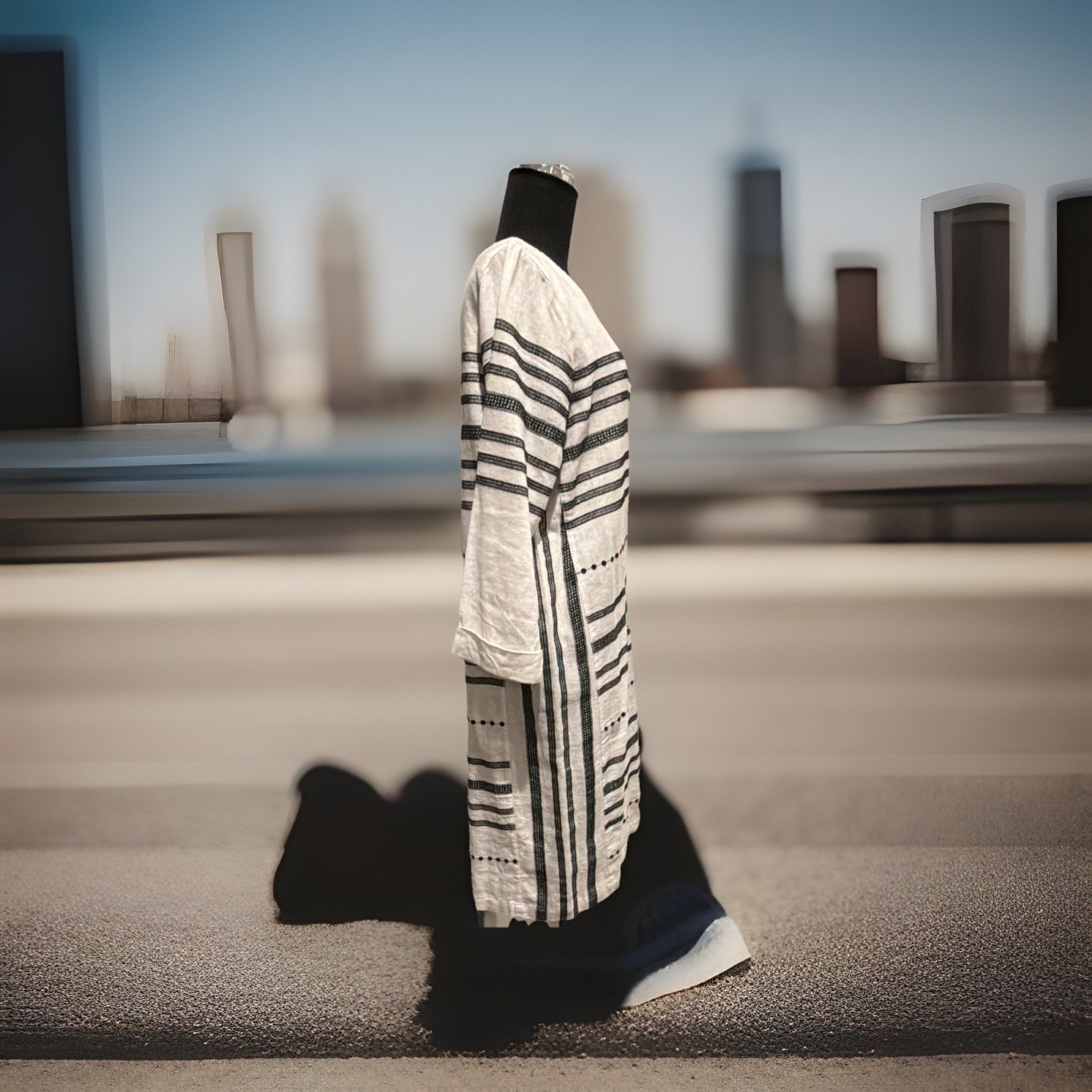 Forcynthia White/Black Striped Round Neck 3/4 Sleeve Knee Dress S Retails @ $120
