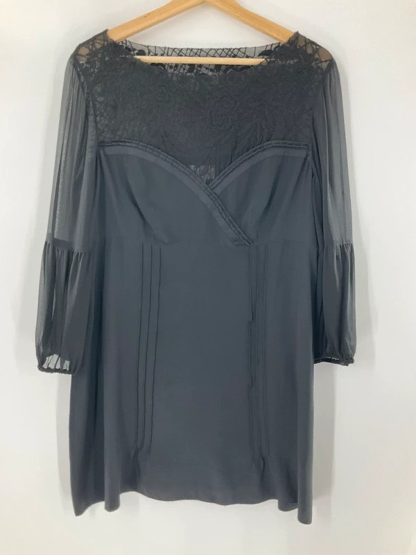 Ghost black silk mini dress lace crochet detail panel 3/4 sleeves size Uk 14 #V1