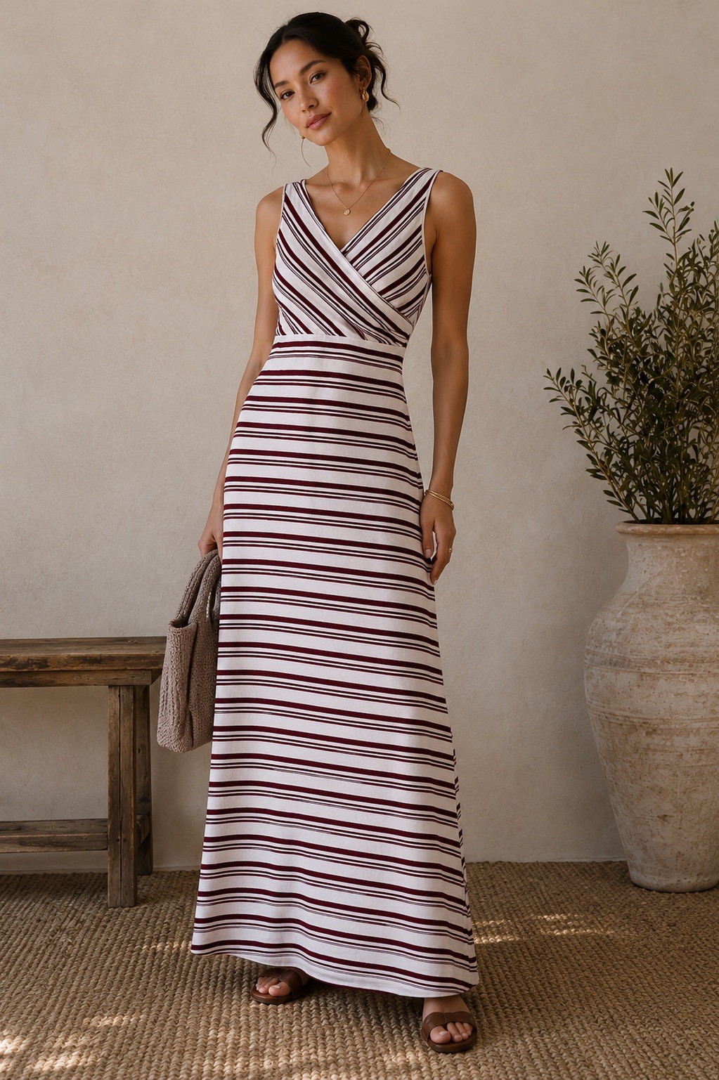AJ White Burgundy Striped Jersey Knit Stretch Maxi Dress S V-Neck Sleeveless