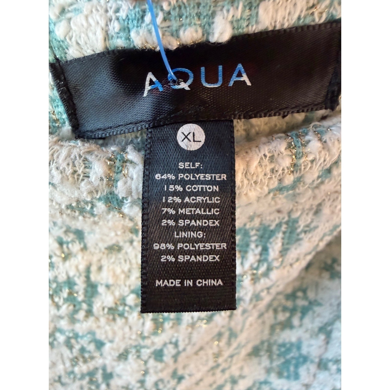 AQUA Blue White Houndstooth Metallic Tweed Mini Dress Square Neck XL Sleeveless