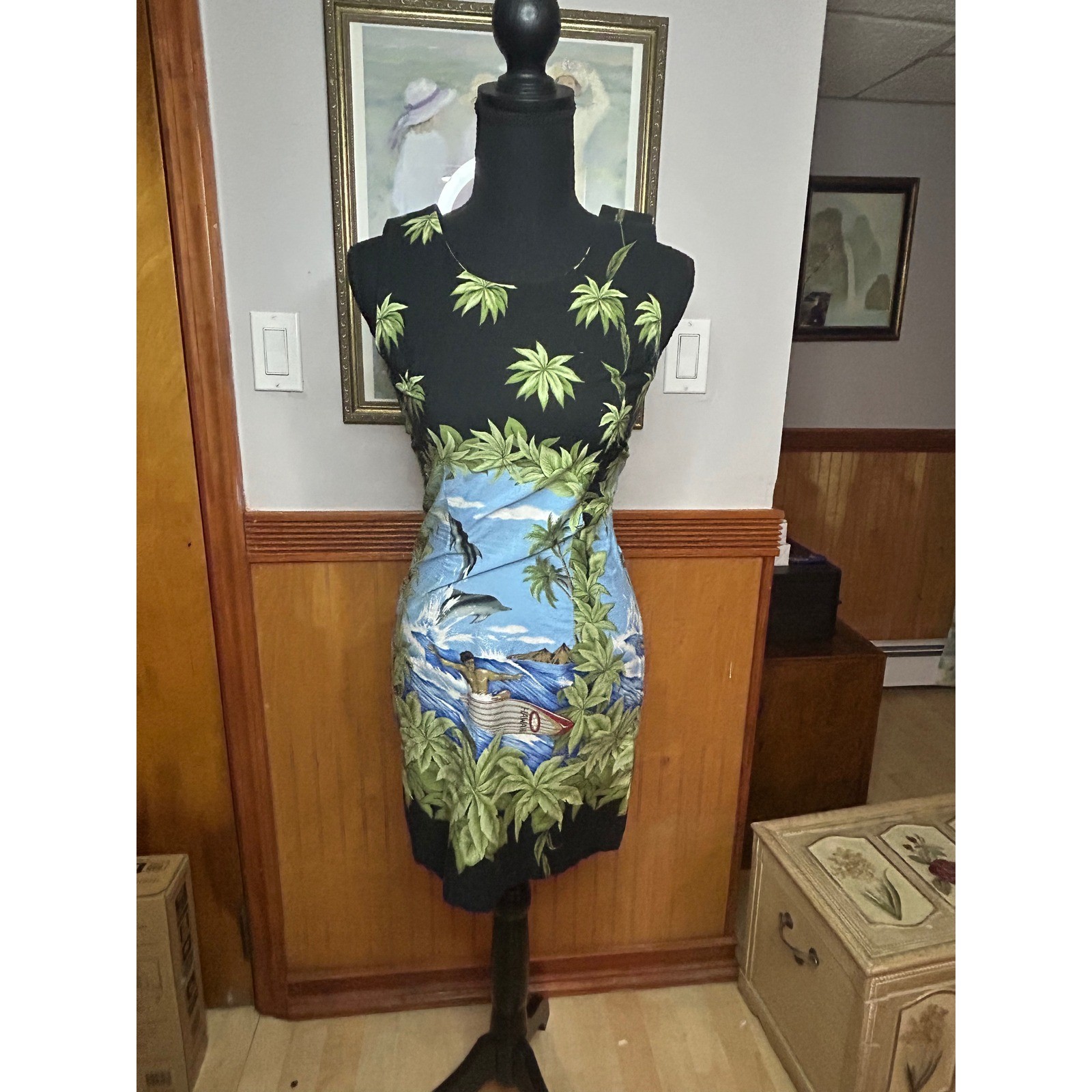KY’s International Fashion Hawaiian Surfer Dolphin Tropical Rayon Dress Small