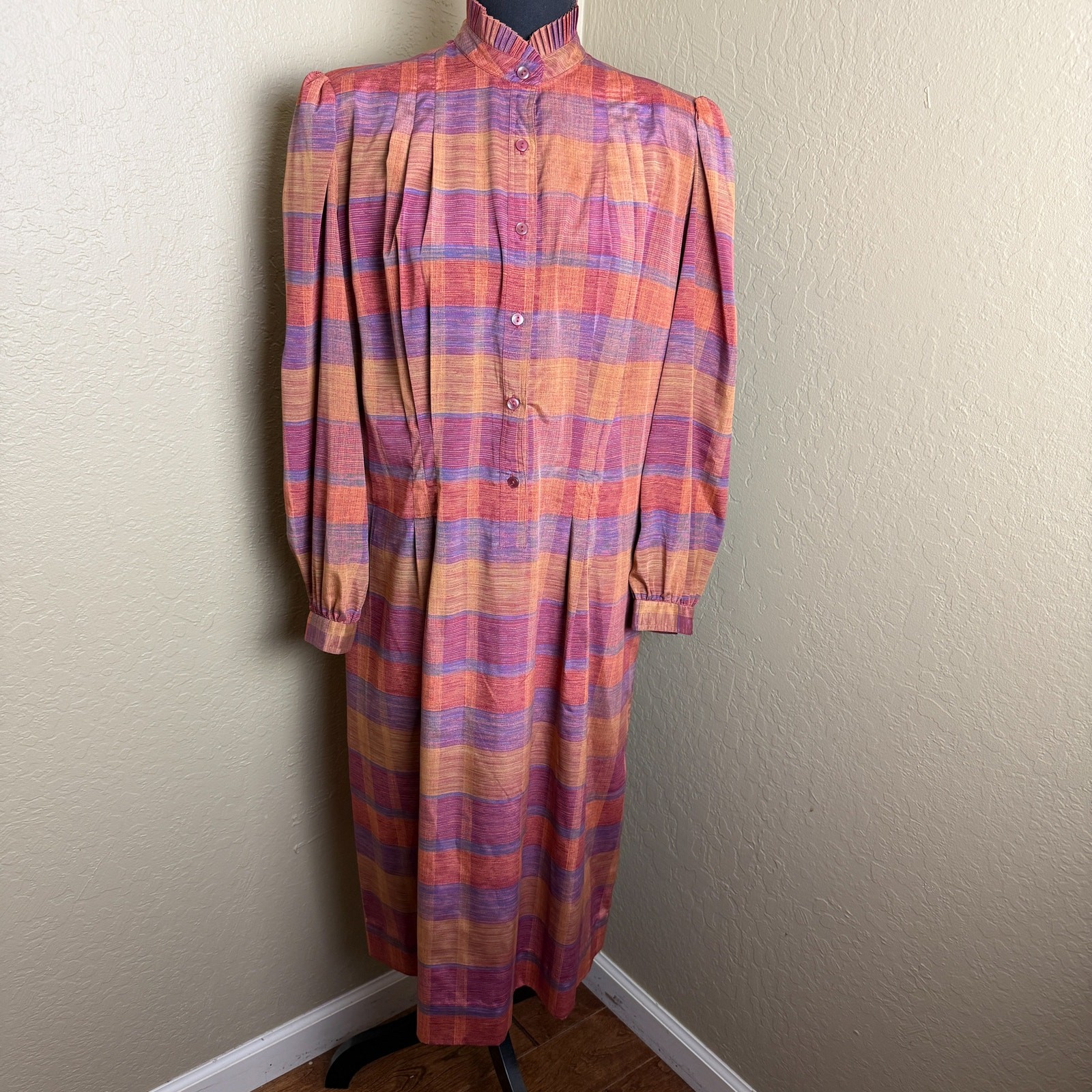 Vintage Nancy Greer Plaid Maxi Dress Size 16 Purple Orange Prairie Secretary