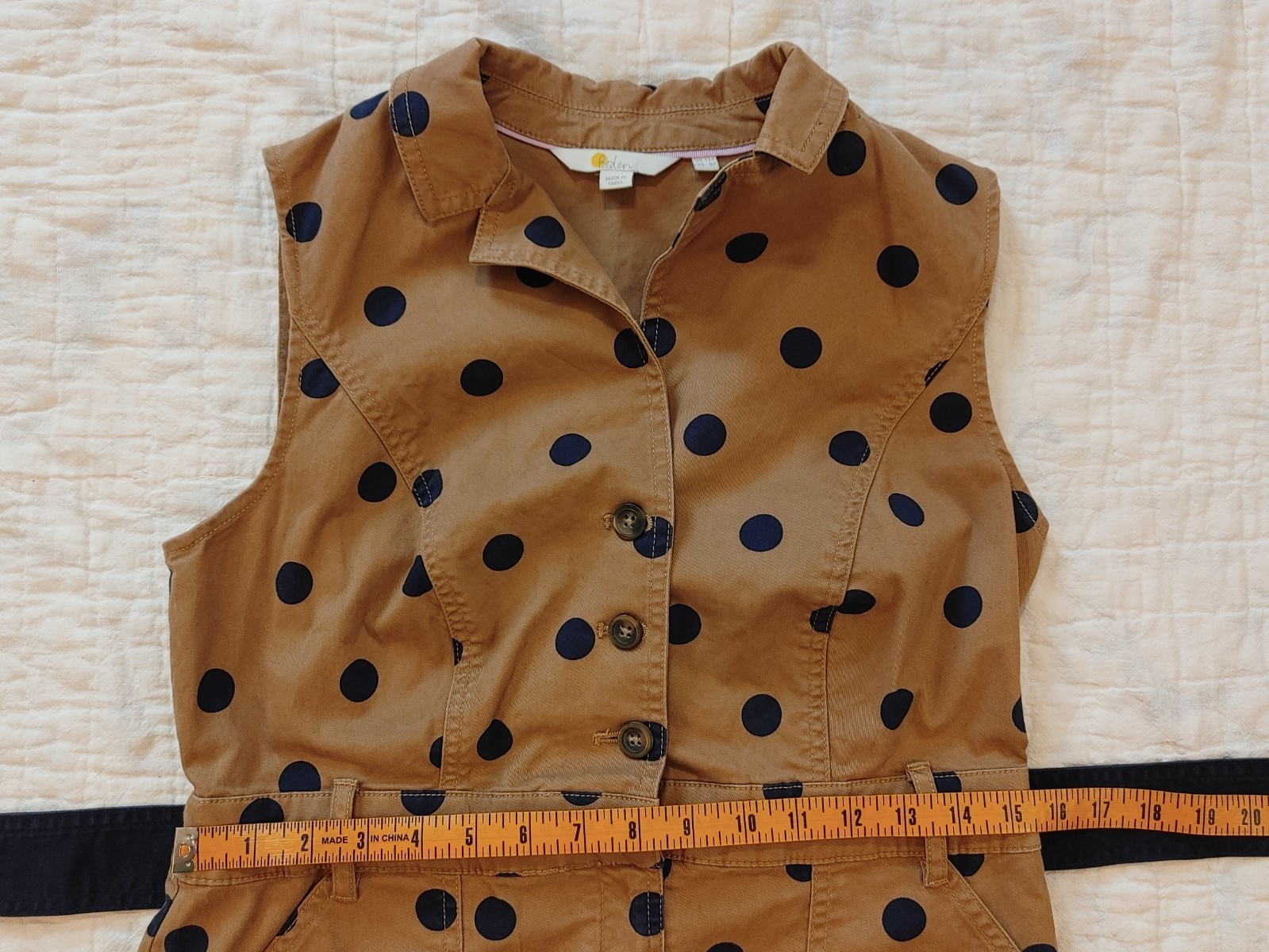 Boden Khaki Tan Navy Blue Polka Dot Sheath Edith Dress sz 8P Stretch Cinch Belt