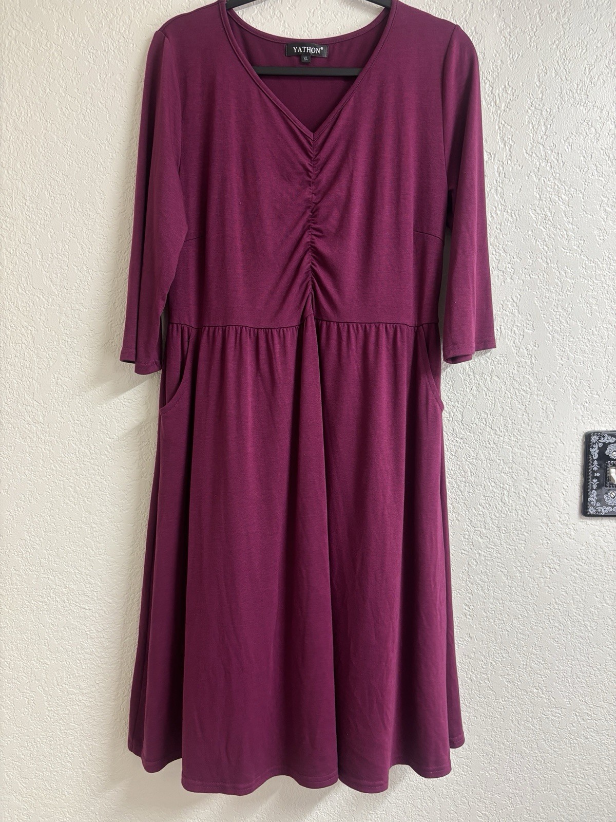 YATHON Womens XL Burgundy Midi Dress Ruched V Neck 3/4 Sleeve Cottagecore