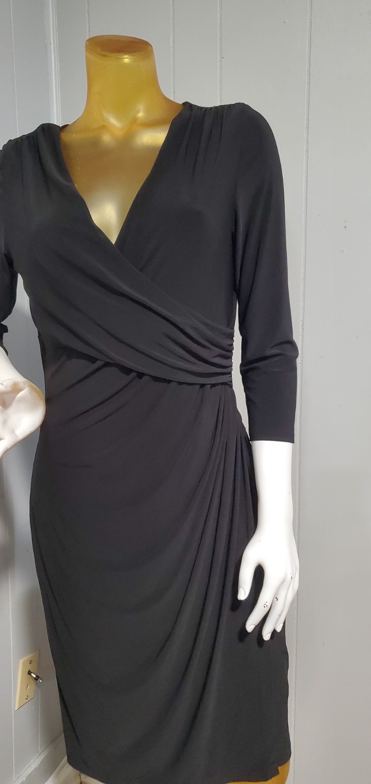 Lauren Ralph Lauren Black Sheath Long Sleeve V-Neck Ruched Dress SIZE 12