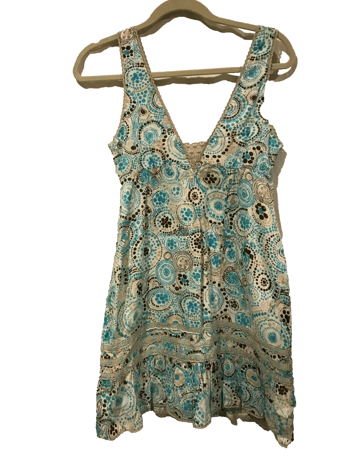 Free People Blue Tan Retro Style Mini Dress (Sz 6) Cotton 32″ L Circles Dots