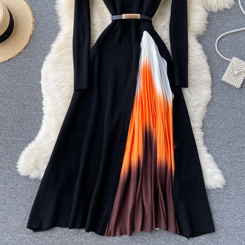 Lady Slim Knitted Midi Dress Pleated Black Long Sleeve Swing Gradient Casual