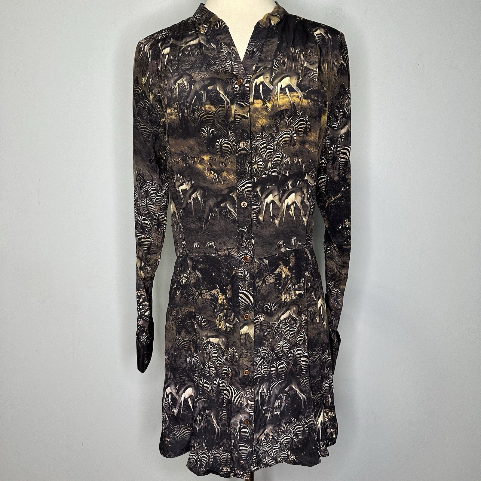 Edun Women’s Long Sleeve Silk Mini Shirt Dress In Jungle Zebra Animal Print M