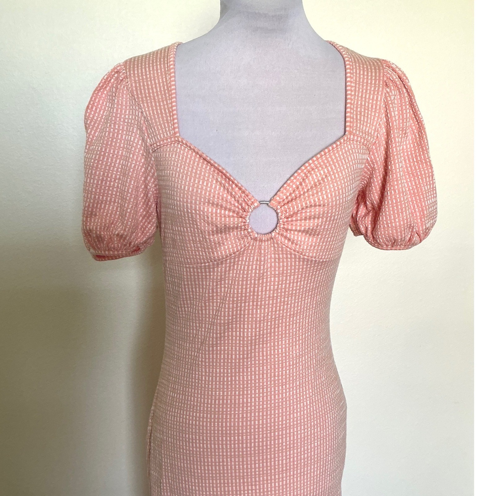 Caution To The Wind Peach Gingham Textured Maxi Dress Puff Sleeve Side Slit