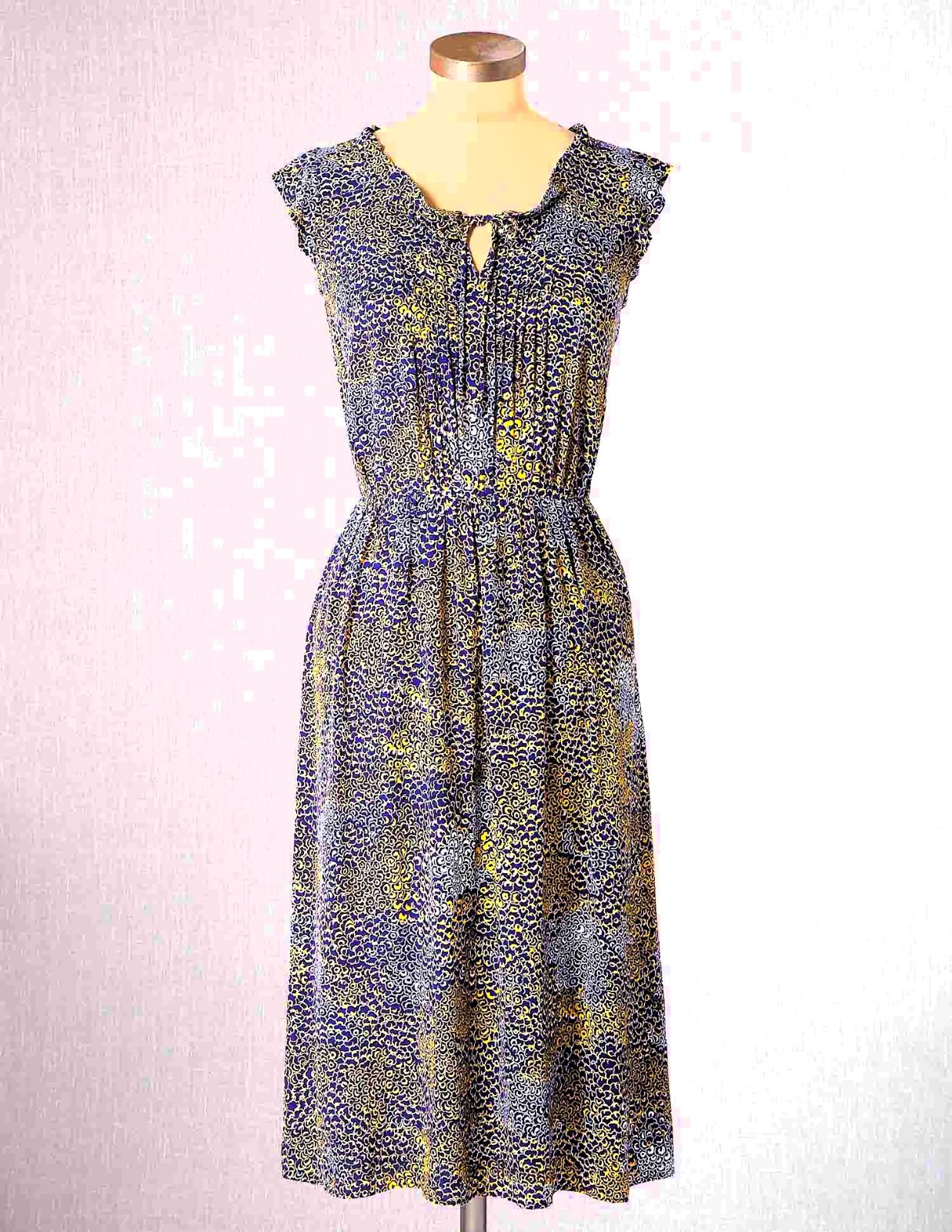 Boden Blue Yellow Ruffle A-Line Floaty Midi Tea Dress Short Sleeve UK12R.