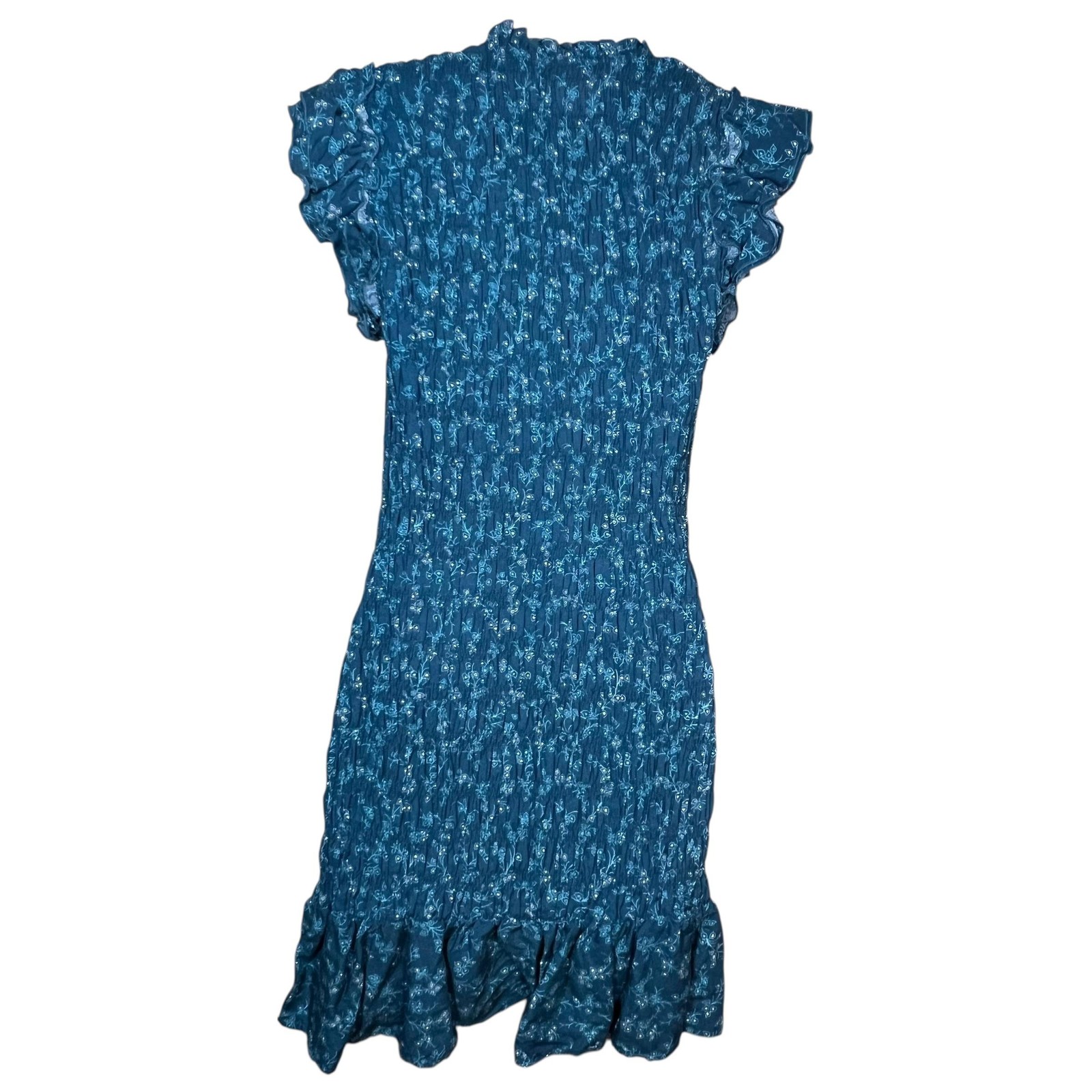 Liberty Love Mini Dress Womens Large Blue Ruffle Mini Floral Smocked Cap Sleeve